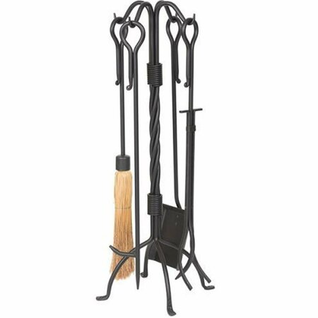 DAGAN Wrought Iron Fireplace Tool Set - Corn Broom & Twist Stand, Black - 5 Piece 5822